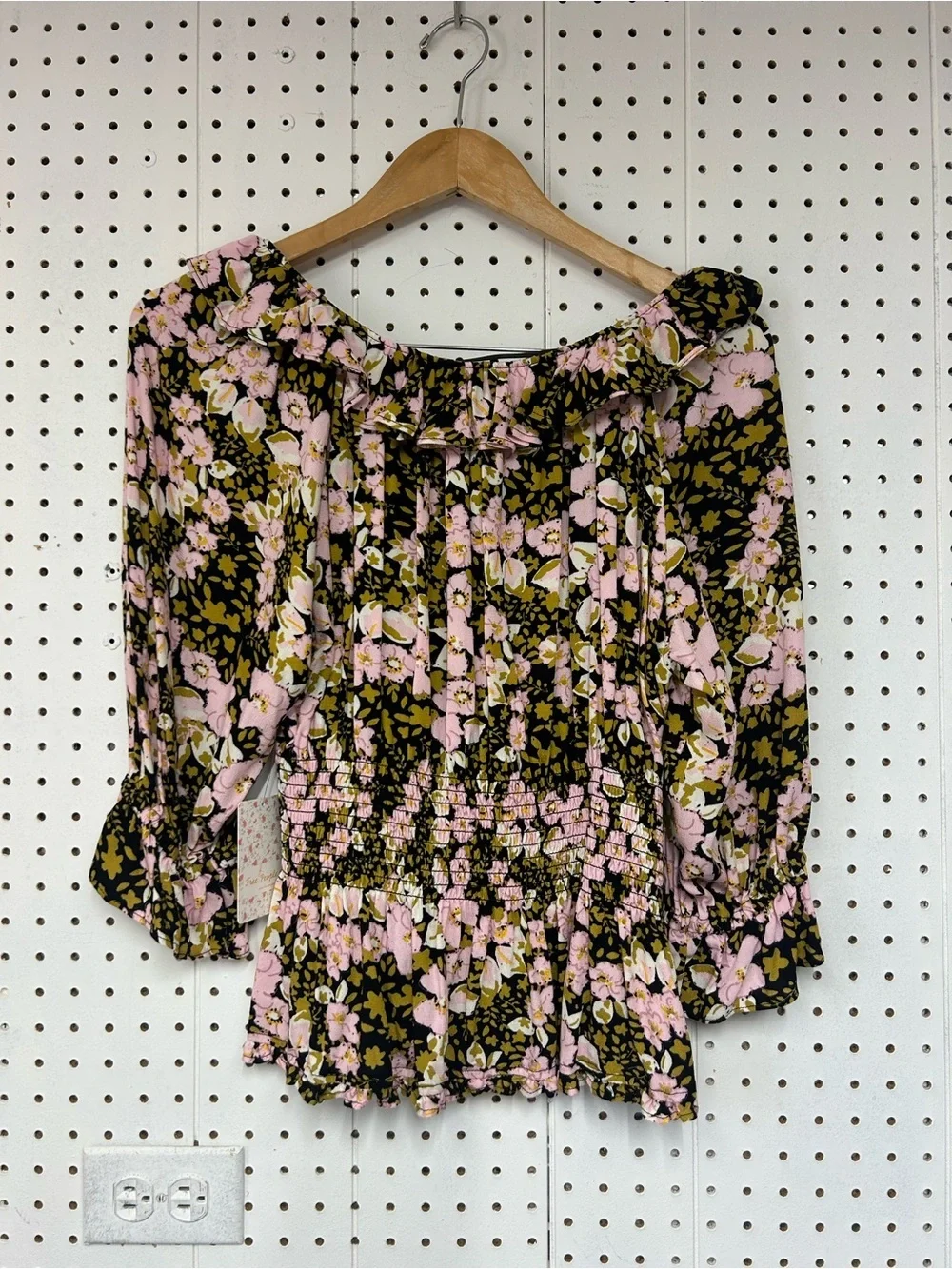 Free People Sweet Memories Pink and Black Floral Tie-Front Puff Sleeve